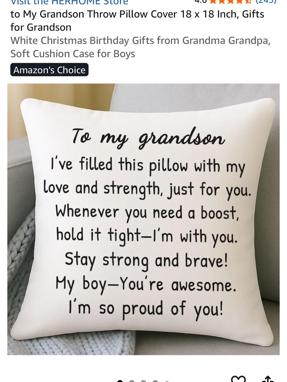 HERHOME To My Grandson Pillow Cover 18x18 Grandparent Gift NEW Sealed